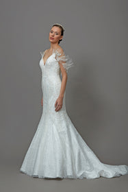 Load image into Gallery viewer, Akay askılı balık gelinlik modeli dantel işli düğün gelinliği
