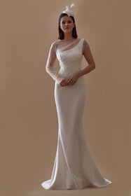 Load image into Gallery viewer, Akay düz balık gelinlik modeli, saten modern gelinlik tasarımı, nikah gelinliği
