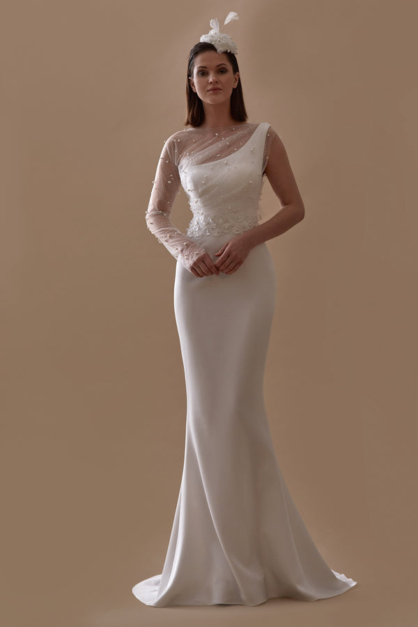 Akay düz balık gelinlik modeli, saten modern gelinlik tasarımı, nikah gelinliği