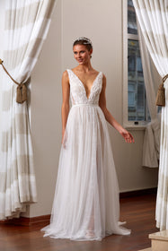 Görseli Galeri görüntüleyiciye yükleyin, Akay bohem gelinlik modeli, helen siluetli modern gelinlik tasarımı
